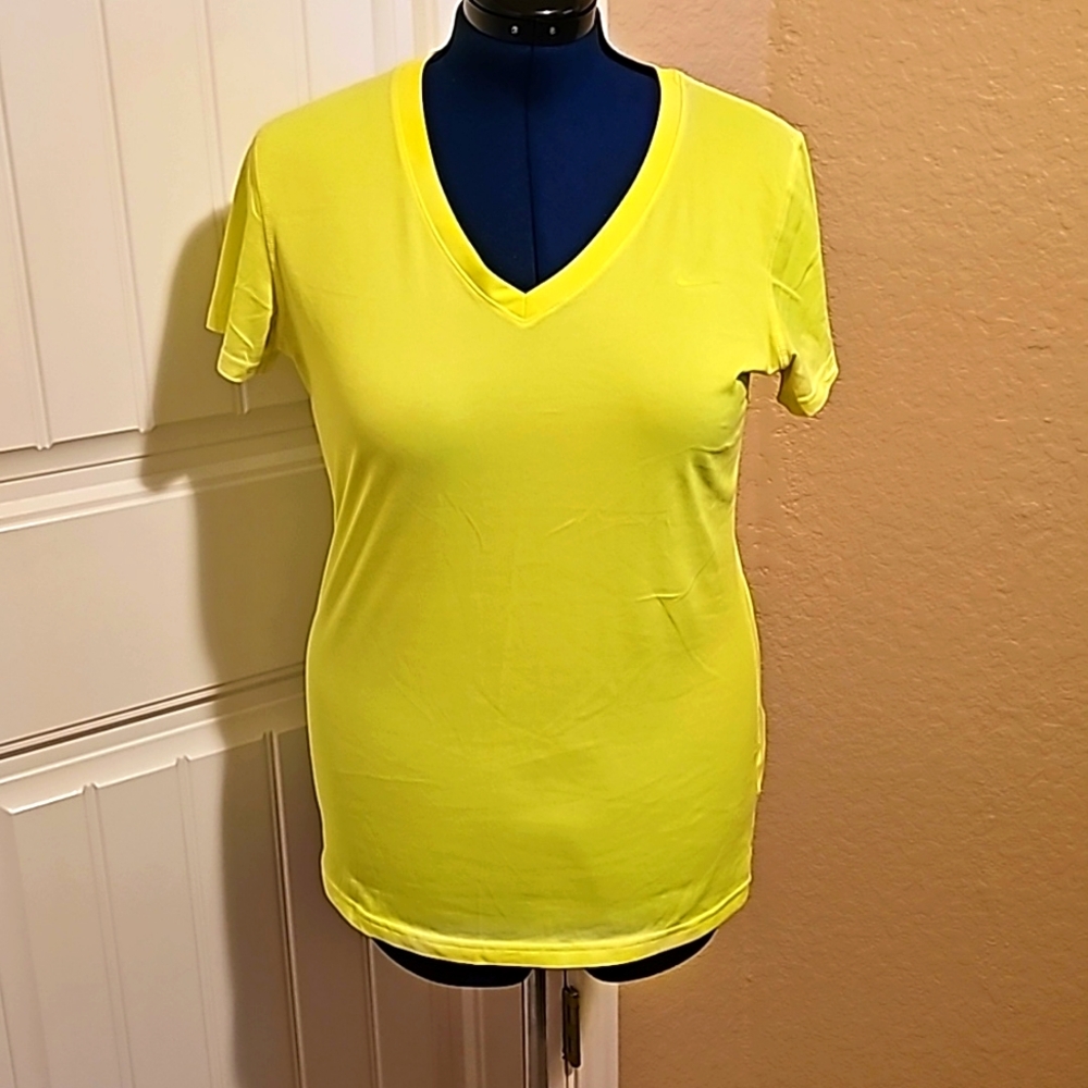 Nike Dri Fit Women's V-Neck Neon Yellow Short Sleeve Sz Large